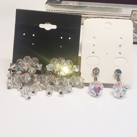 Vintage Jewelry - 2 Pairs Aurora Borealis Crystal Dangle Statement Earrings Clip on Screw Back